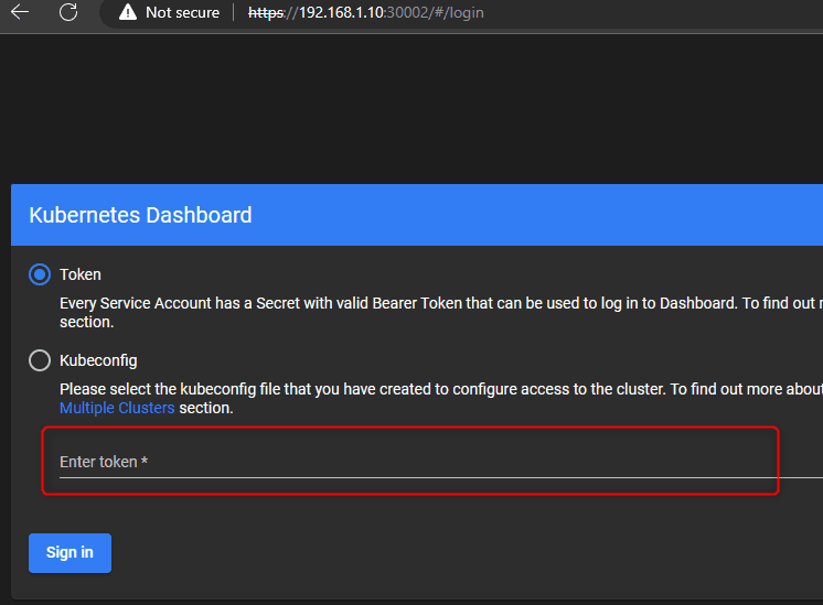 Kuberentes dashboard
login